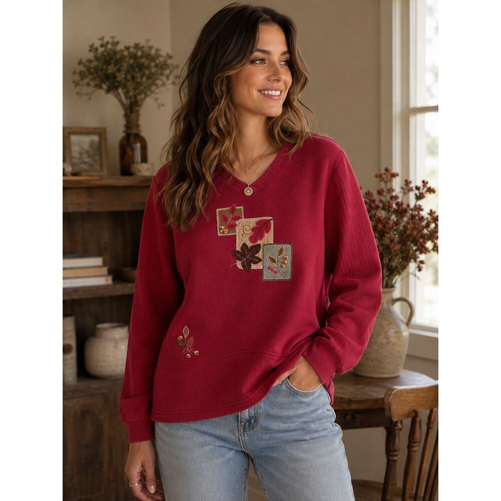 fall Berry Red Fleece Sweatshirt | Appliqué Leaf Patch Top | embroidered